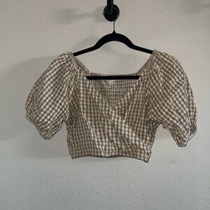 Sim & Sam Tan and White Gingham Cropped Smocked Crop Top